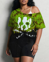 Women's Big & Tall Halloween Green Gradient Skull Print Short Sleeve Shorts Suit