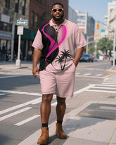 Big & Tall Men's Hawaiian Pink Coconut Print Short Sleeve Polo Shirt Shorts Suit
