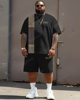 Men's Big Size Simple Plaid Patchwork Letter Printed T-shirt Shorts Set