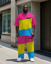Big Men's Casual Bright Color Block Letter RESPECT Printed Short Sleeve T-shirt Pants Set