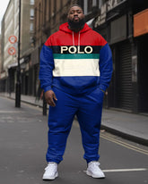 Men's Fashion Stitching POLO Letter Print Big and Tall Hoodie Pants Set