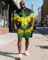 Men's Plus Size Green Yellow Black Colorblock Eagle Print Short-sleeved Polo Shirt Shorts Suit