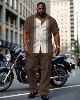 Men's Plus Size Brown & White Colorblock Short Sleeve Shirt Trousers Suit