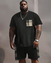Men's Plus Size Casual Simple Plaid Pocket Printed T-shirt Shorts Suit