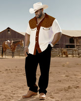 Big & Tall Men's Western Style Color Matching Casual Retro Texture Printing-short Sleeve Shirt Pants Suit