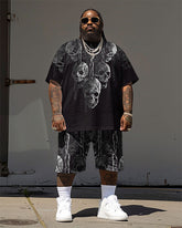 Big Guy's Street Hip Hop Skull Chain Print T-Shirt Shorts Set