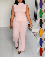 XL-4XL Women's Solid Color Casual Sleeveless Pants Set