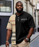 Men's Plus Size Daily Casual Black Khakis Stripe Alphabet Print Henry Collar Button Short Sleeve T-Shirt