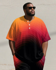 Men's Plus Size Orange Gradient Print Henry Collar T-Shirt Pants Suit