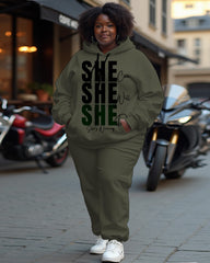 Women's Plus Size She Letter Long Sleeve Hoodie and Casual Pants Set