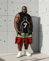 Men's Plus Size Black 7 Soccer Colorblock Printed Vest Shorts Suit