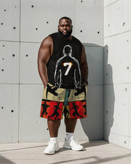 Men's Plus Size Black 7 Soccer Colorblock Printed Vest Shorts Suit