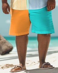 Men's Plus Size Colorblock Hawaiian Striped Print Shirt Shorts Suit