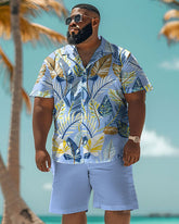Men's Big and Tall Hawaiian Blue Tropical Leaf Print Shirt Shorts Set