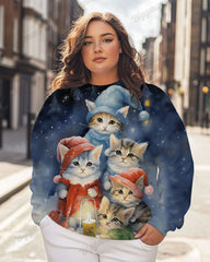Plus Size Snow Cute Cat Print Casual Long Sleeve Sweatshirt