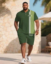Men's large size Green & White Colorblock Chest Small Label Print Short-sleeved polo shorts set