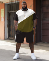 Men's Plus Size Casual Simple Army Green Colorblock Printed T-shirt Shorts Suit