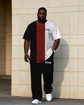Men's Plus Size Casual Fashion Red & Black & White Thick Stripe Color-matching Chest Small Label Printed Short-sleeved T-shirt Trousers Suit
