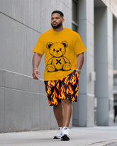 Men's Plus Size Yellow Flame & Bear Print Round Neck Short Sleeve T-Shirt Shorts Suit