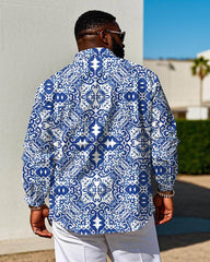 Men's Plus Size Oriental Blue And White Porcelain Long Sleeve Shirt