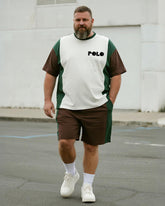 Big & Tall Men's Brown Green Geometric Letter Printed Round Neck Short Sleeve T-shirt Shorts Suit