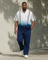 Big & Tall Men's Business Gradient Blue Striped Print Pocket Short Sleeve Shirt Trousers Suit