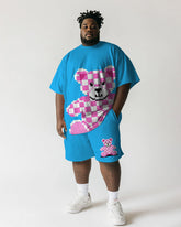 Men's Plus Size Blue Pink Color-block Pixel Bear Print Short-sleeved T-shirt Shorts Suit