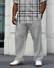 Men's Plus Size Gray Check Short Sleeve Shirt Trousers Suit