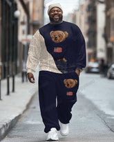 Men's Big & Tall Vintage Blue Newspaper Patchwork Bear Print Sweatshirt Set