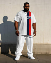 Men's Plus Size White Color-block Line Chest Small Label Printed Short-sleeved T-shirt Trousers Suit