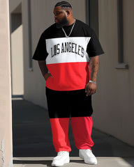 Men's Plus Size Letter Print Colorblock T-Shirt and Pants Set