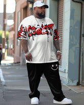 Men's Large Street Casual Graffiti Smiley Letter Print T-Shirt Trousers Suit