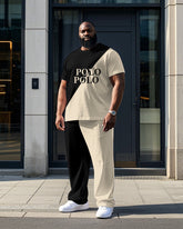 Men's Simple Splicing Color Block POLO Letter Printed Big and Tall Short Sleeve T-shirt Pants Set