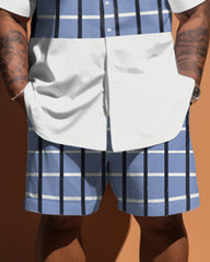 Big Men's Simple Patchwork Plaid Short-Sleeved Shirt And Shorts Set