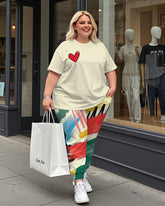Women's Plus Size Love Print T-Shirt and Graffiti Trousers Suit