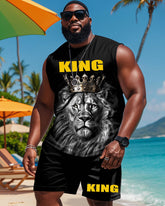 Men's Big & Tall Summer KING-3D Lion Print Tank Shorts Set