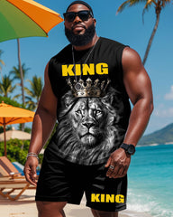 Men's Big & Tall Summer KING-3D Lion Print Tank Shorts Set