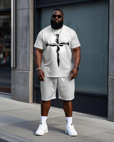 Big Men's Simple Artistic Cross Printed Casual Short Sleeve T-Shirt and Shorts Set