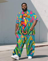 Big Guy's Animal World Triangle Seahorse Printed Short Sleeve T-shirt Pants 2-Piece Set