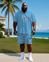 Big Men's Funny Cartoon Rocket Pattern Color Block Printed Short Sleeve Shirt Shorts Set
