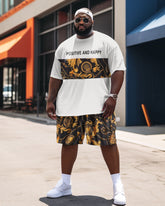 Men's Large Size Street Cartoon Positive And Happy Graffiti Short Sleeve Shorts Set