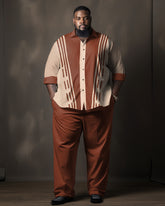 Men's Casual Plus Size Gentleman Brown Colorblock Lapel 2 Shirt Two-Piece Set