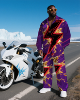 Big Men's Daily Casual Bursting Lightning Abstract Printed Long Sleeve Shirt Pants 2-Piece Set