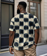 Men's Plus Size Daily Casual Blue Gradient Plaid Print Henry Collar Button Short Sleeve T-Shirt