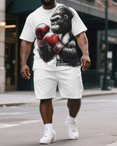 Big & Tall Men's Cartoon Boxing Gorillas Print Casual Short-Sleeved T-shirt and Short Set