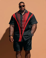 Big Guy's Simple Line Print Short-sleeved Shirt And Shorts Set