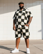 Big Man's Daily Casual Checkerboard Square Creative Camouflage Short Sleeve Shirt Shorts Suit
