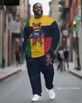Men's Plus Size Colorblock Striped Bear Print Long Sleeve T-Shirt Trousers Suit