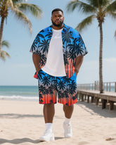 Big Men's Hawaii Theme Gradient Coconut Trees Printed Short Sleeve Shirt Shorts 2-Piece Suits