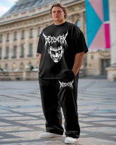 Men's Plus Size Street Fashion Black Rock Graffiti Print T-Shirt Trousers Suit